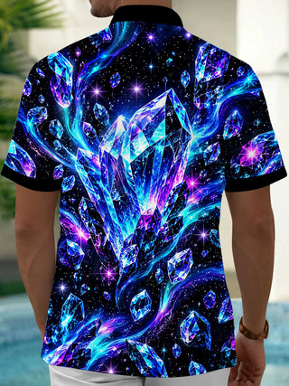 Adaychic Men's Hawaiian Crystal Gems And Galaxy Nebula Print Short Sleeve Shirt with Chest Pocket