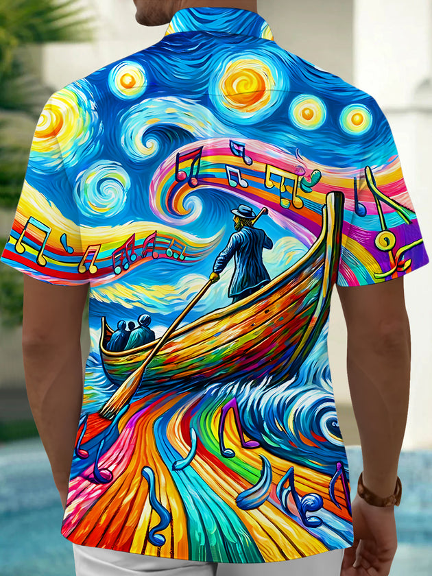 Starry Sky Ship Colorful Note Print Men's Pocket Short Sleeve Shirts