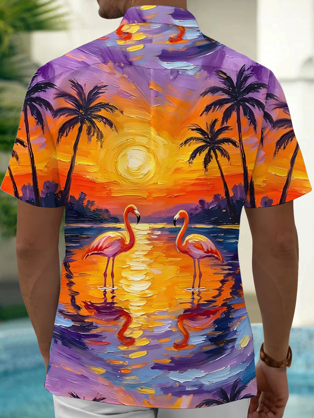 Adaychic Men's Sunset Flamingos And Palm Trees Print Short Sleeve Shirt with Chest Pocket