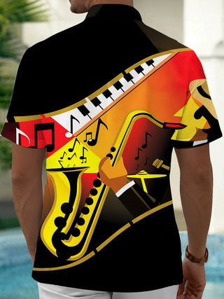 Adaychic Men's Graphic Saxophone Music Print Short Sleeve Shirt with Chest Pocket