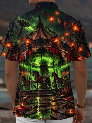 Adaychic Men's Short Sleeve Shirt - Dark Carousel Horses And Glowing Lanterns Print with Chest Pocket