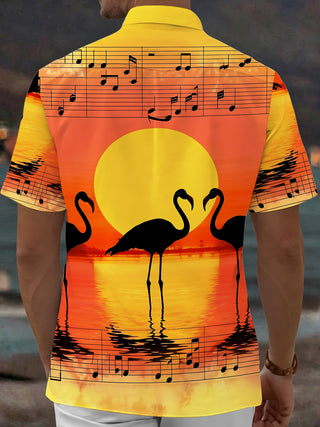 Adaychic Men's Hawaiian Flamingo Sunset Print Short Sleeve Shirt with Chest Pocket