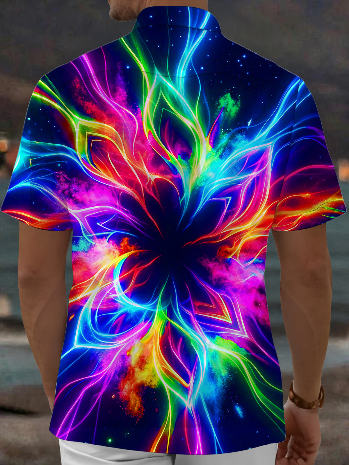 Adaychic Men's Hawaiian Neon Fractal Flower Print Short Sleeve Shirt with Chest Pocket