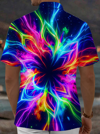 Adaychic Men's Hawaiian Neon Fractal Flower Print Short Sleeve Shirt with Chest Pocket