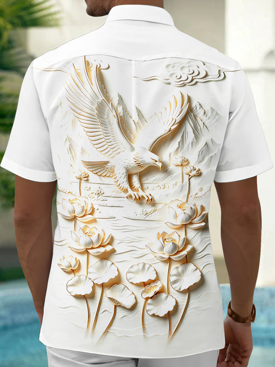 Adaychic Men's 3D Eagle Print Lotus Flowers Print Short Sleeve Shirt with Chest Pocket