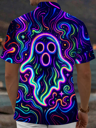 Adaychic Men's Graphic Neon Ghost Print Short Sleeve Shirt with Chest Pocket