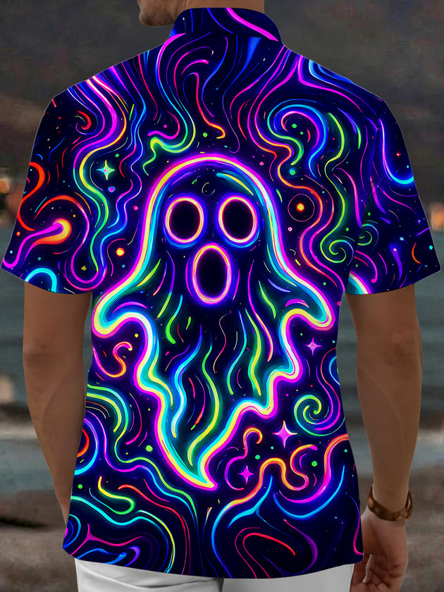 Adaychic Men's Graphic Neon Ghost Print Short Sleeve Shirt with Chest Pocket