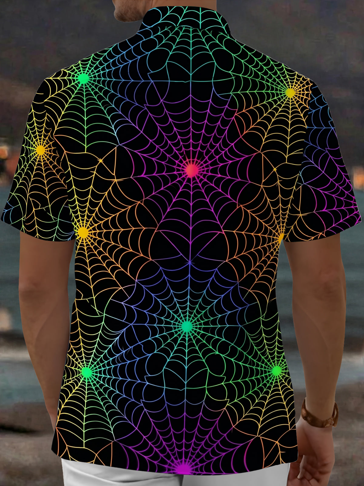 Adaychic Men's Patterned Rainbow Spider Web Print Short Sleeve Shirt with Chest Pocket