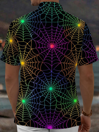 Adaychic Men's Patterned Rainbow Spider Web Print Short Sleeve Shirt with Chest Pocket