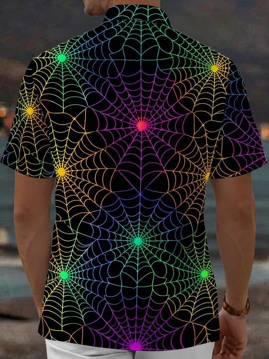 Adaychic Men's Patterned Rainbow Spider Web Print Short Sleeve Shirt with Chest Pocket