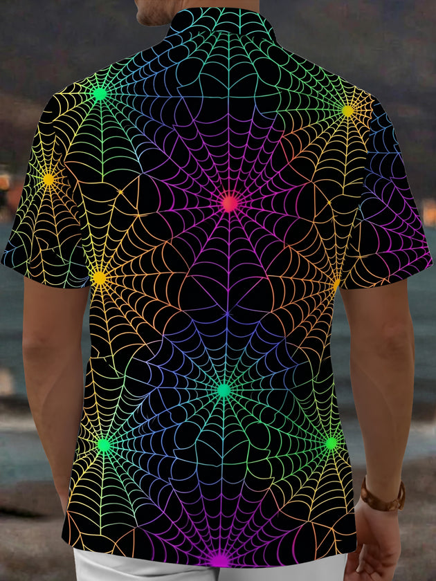 Adaychic Men's Patterned Rainbow Spider Web Print Short Sleeve Shirt with Chest Pocket