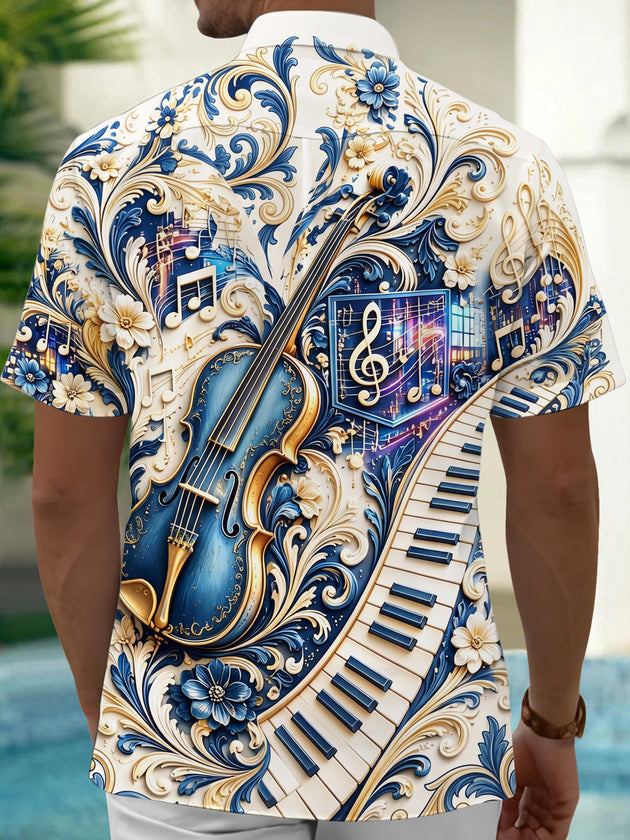 Adaychic Men's Graphic 3D Relief Violin Print Short Sleeve Shirt with Chest Pocket