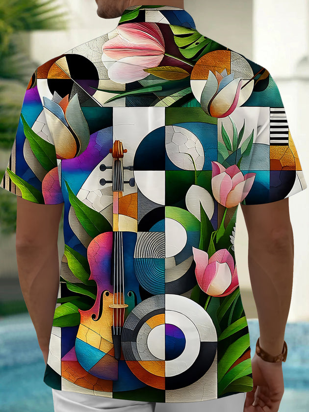 Adaychic Men's Violin And Tulip Geometric Print Short Sleeve Shirt with Chest Pocket