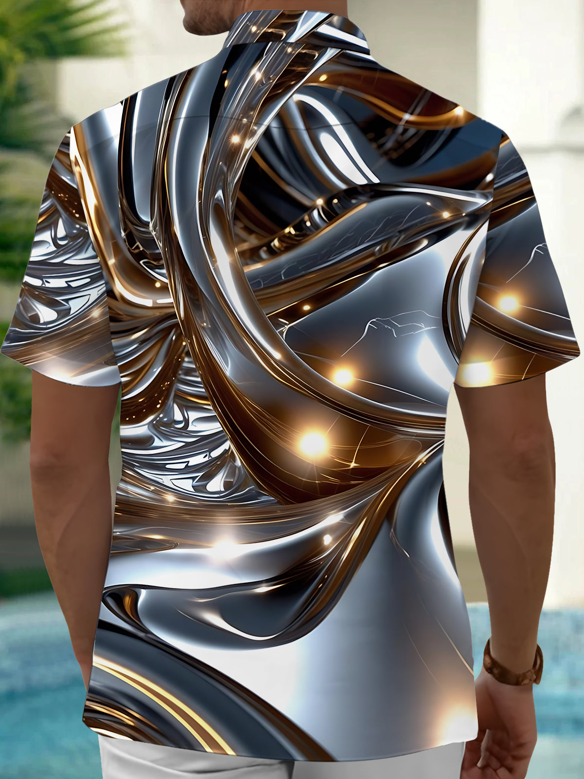 Adaychic Men's Bronze Graphic Abstract 3D Metallic Swirl Print Short Sleeve Button Down Shirt with Chest Pocket
