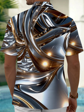 Adaychic Men's Bronze Graphic Abstract 3D Metallic Swirl Print Short Sleeve Button Down Shirt with Chest Pocket