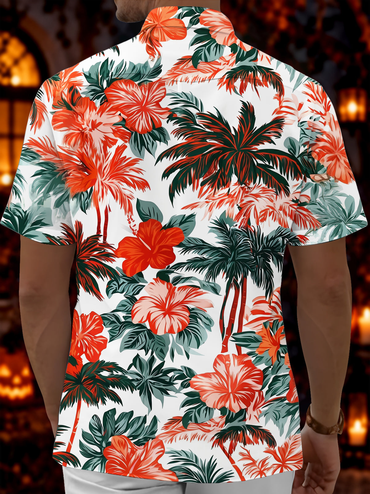 Adaychic Men's Palm Trees And Hibiscus Flowers Print Short Sleeve Shirt with Chest Pocket