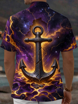 Adaychic Men's Hawaiian Galaxy Anchor With Lava Cracks Print Short Sleeve Shirt with Chest Pocket
