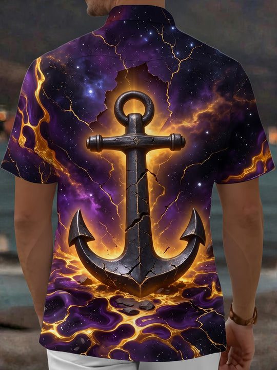 Adaychic Men's Hawaiian Galaxy Anchor With Lava Cracks Print Short Sleeve Shirt with Chest Pocket