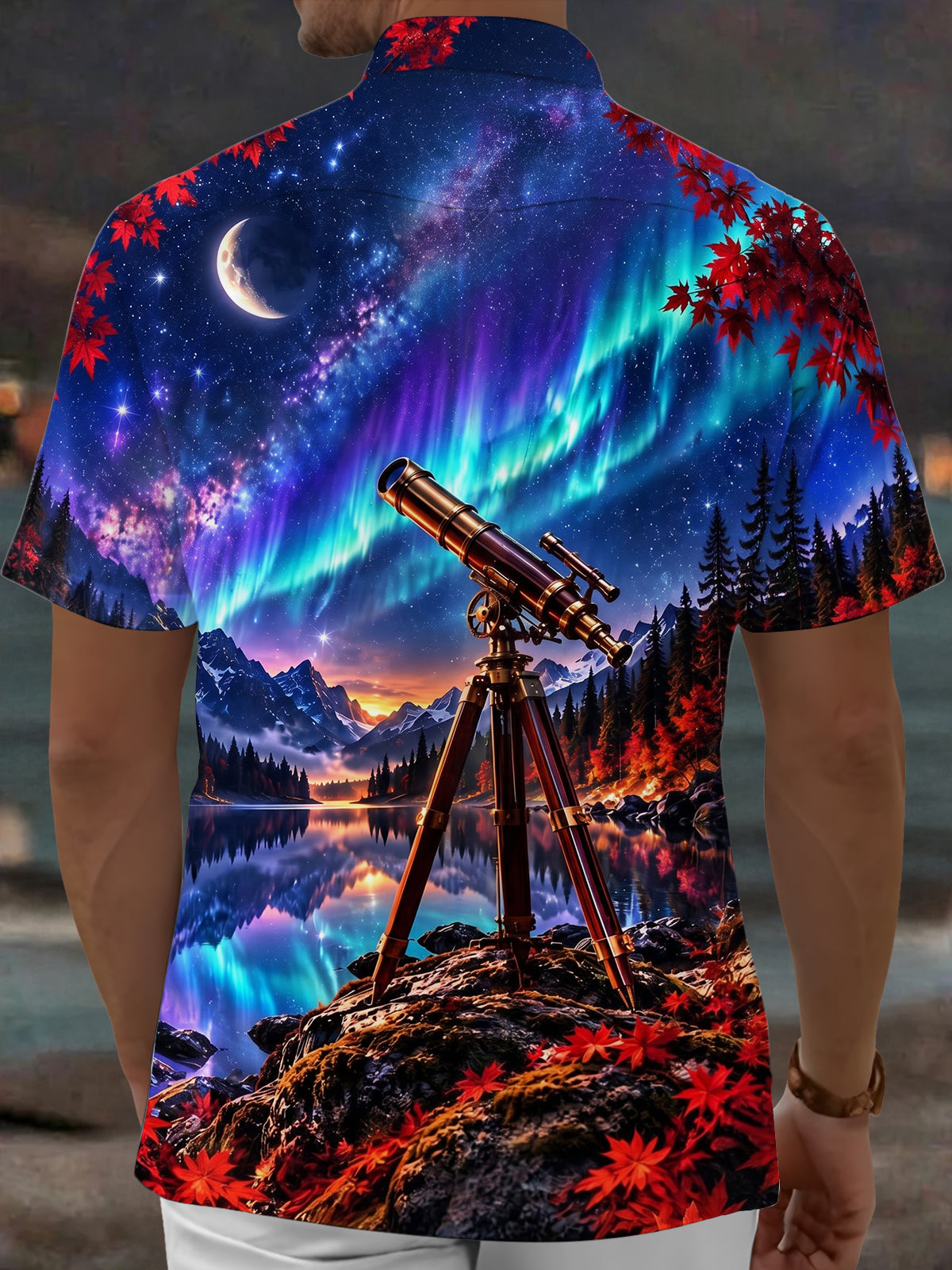 Adaychic Men's Telescope And Northern Lights Landscape Print Short Sleeve Shirt with Chest Pocket