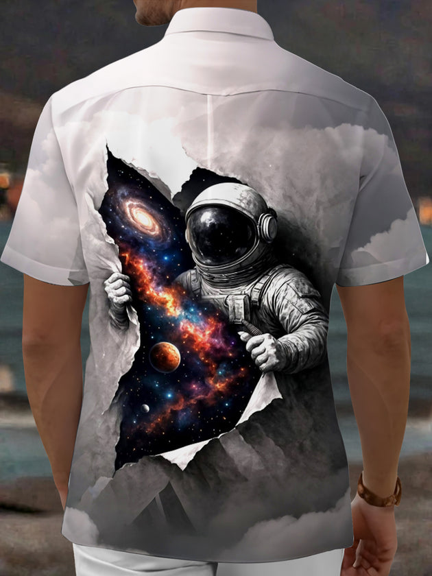 Adaychic Men's Graphic Astronaut Print Galaxy Universe Print Short Sleeve Shirt with Chest Pocket