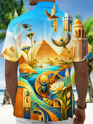 Adaychic Men's Hawaiian Ancient Egyptian Pyramids Print Short Sleeve Shirt with Chest Pocket