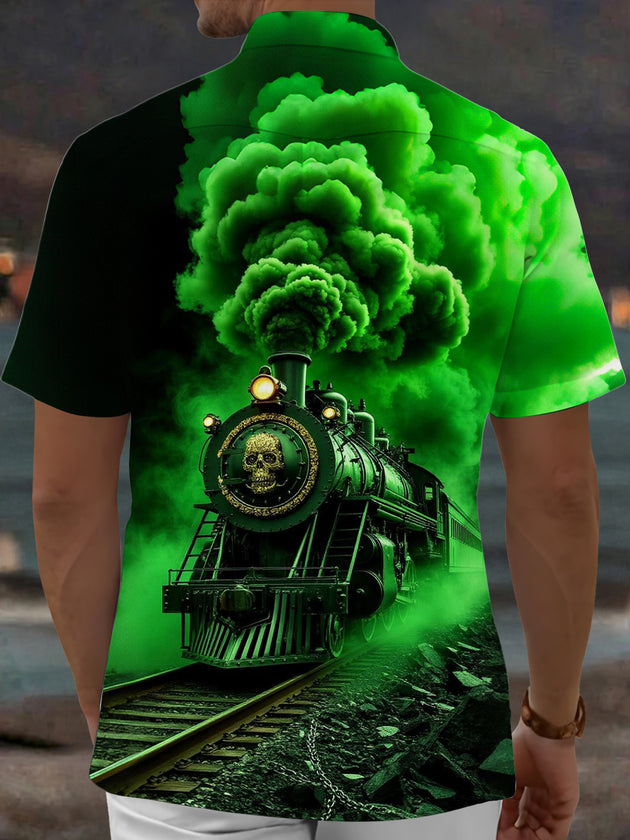 Adaychic Men's Graphic Skull Steam Train Print Short Sleeve Shirt with Chest Pocket