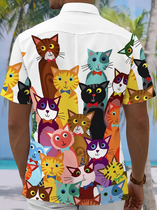 Adaychic Men's Hawaiian Colorful Cartoon Cats Print Short Sleeve Shirt with Chest Pocket