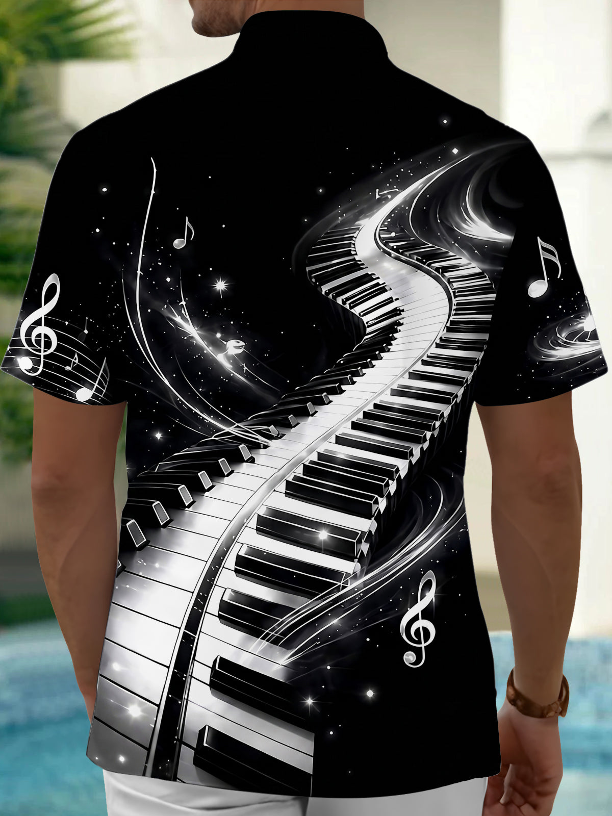 Adaychic Men's Graphic Piano Keyboard Print Short Sleeve Shirt with Chest Pocket