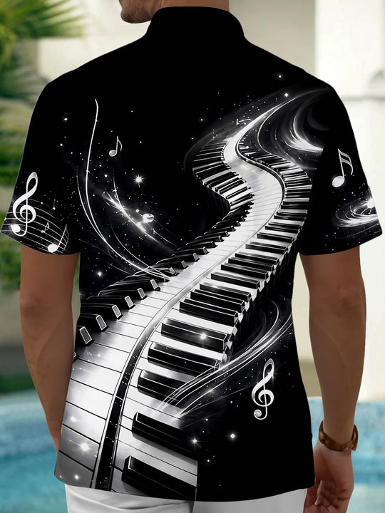 Adaychic Men's Graphic Piano Keyboard Print Short Sleeve Shirt with Chest Pocket