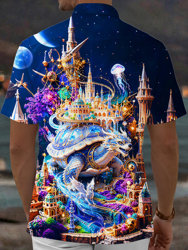 Adaychic Men's Fantasy Turtle And Floating Castle Print Short Sleeve Shirt with Chest Pocket