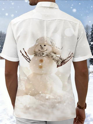 Adaychic Men's Graphic Snowman Print Winter Snow Print Short Sleeve Shirt with Chest Pocket