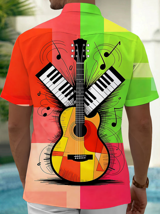 Adaychic Men's Graphic Guitar And Piano Keyboard Print Short Sleeve Shirt with Chest Pocket