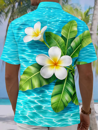 Adaychic Men's Hawaiian Plumeria Flower Print Short Sleeve Shirt with Chest Pocket