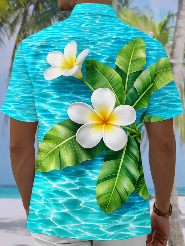 Adaychic Men's Hawaiian Plumeria Flower Print Short Sleeve Shirt with Chest Pocket