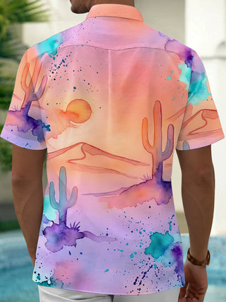 Adaychic Men's Watercolor Desert Cactus Sunset Print Short Sleeve Shirt with Chest Pocket