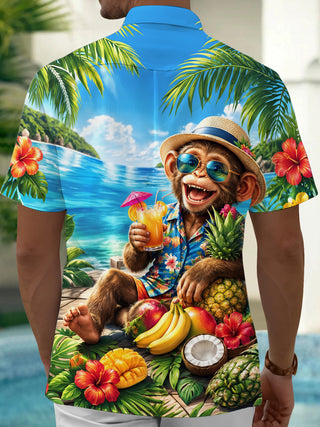 Adaychic Men's Monkey With Tropical Fruits And Drinks Print Short Sleeve Shirt with Chest Pocket
