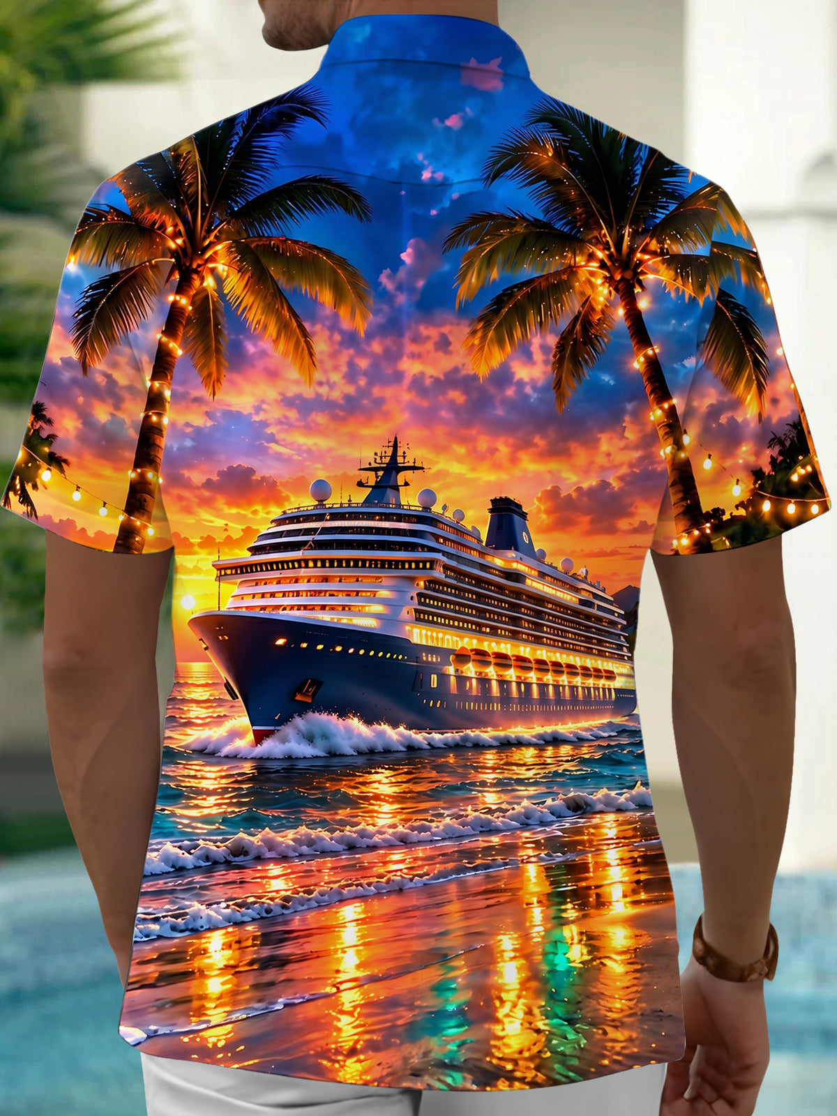 Adaychic Men's Cruise Ship And Palm Trees At Sunset Print Short Sleeve Shirt with Chest Pocket