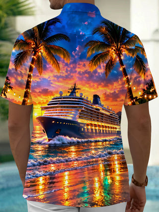 Adaychic Men's Cruise Ship And Palm Trees At Sunset Print Short Sleeve Shirt with Chest Pocket