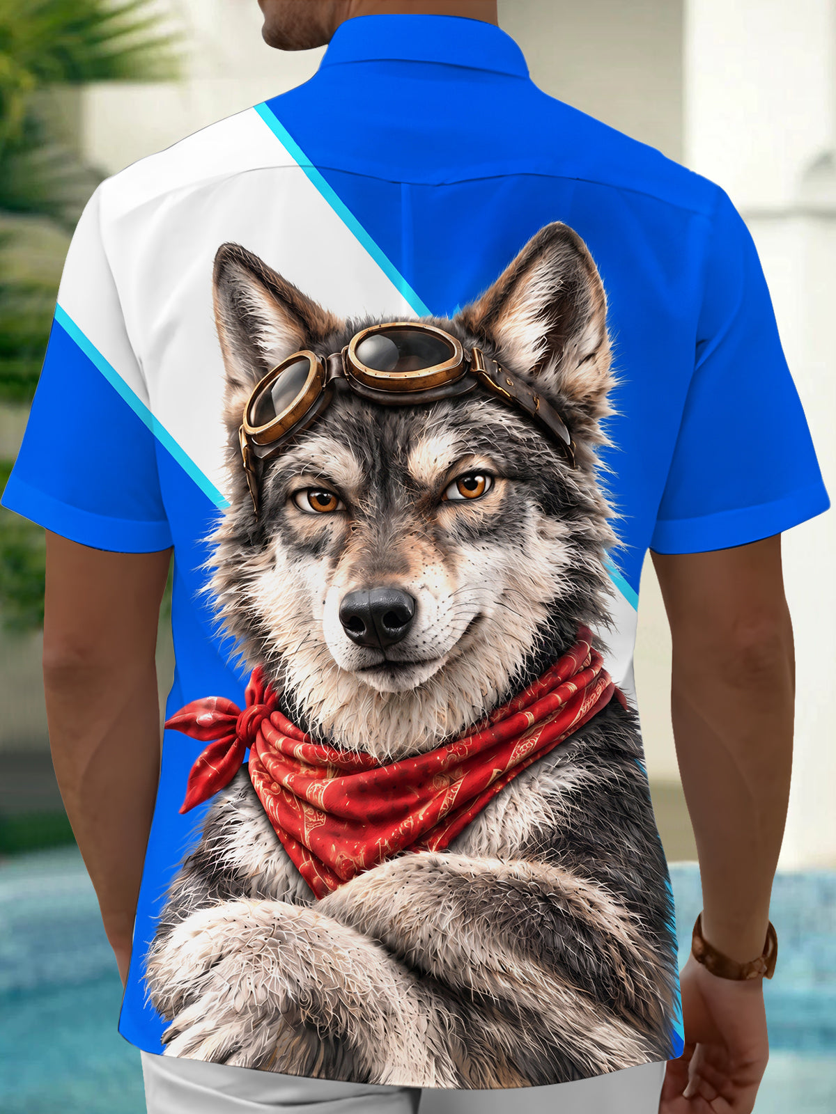 Adaychic Men's Short Sleeve Shirt - Wolf With Aviator Goggles And Red Bandana Print with Chest Pocket