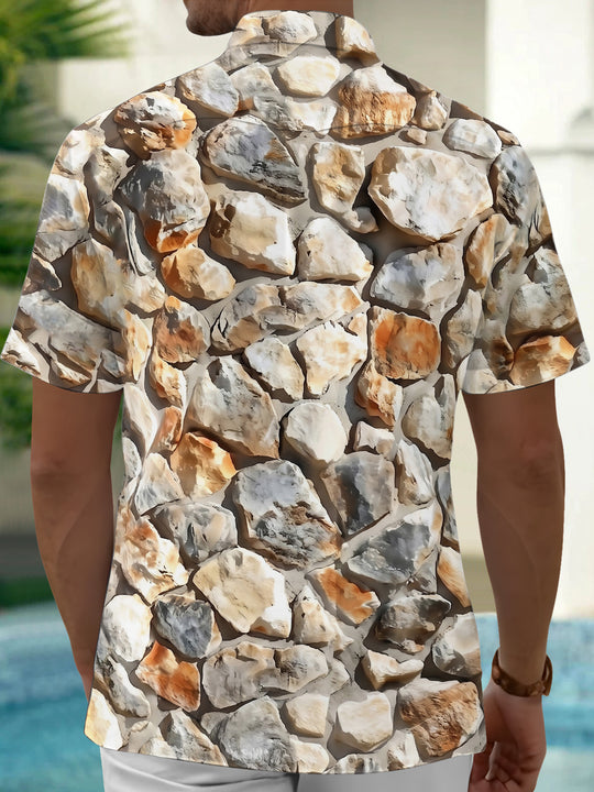 Adaychic Men's Vintage Style Stone Pattern Short Sleeve Shirt with Chest Pocket