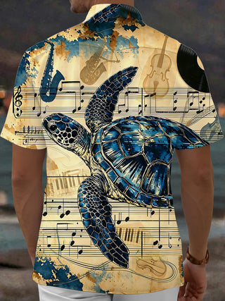 Adaychic Men's Vintage Style Sea Turtle Print Short Sleeve Shirt with Chest Pocket