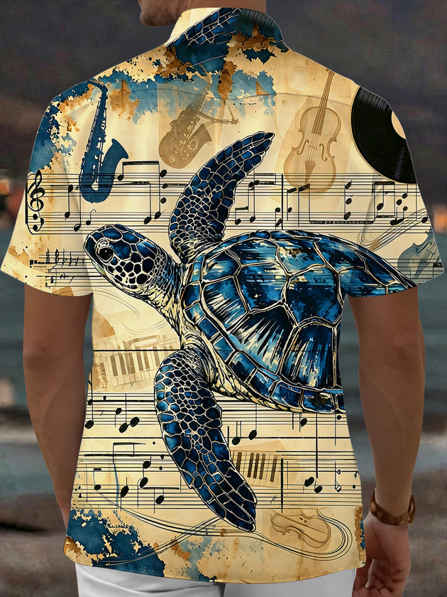 Adaychic Men's Vintage Style Sea Turtle Print Short Sleeve Shirt with Chest Pocket
