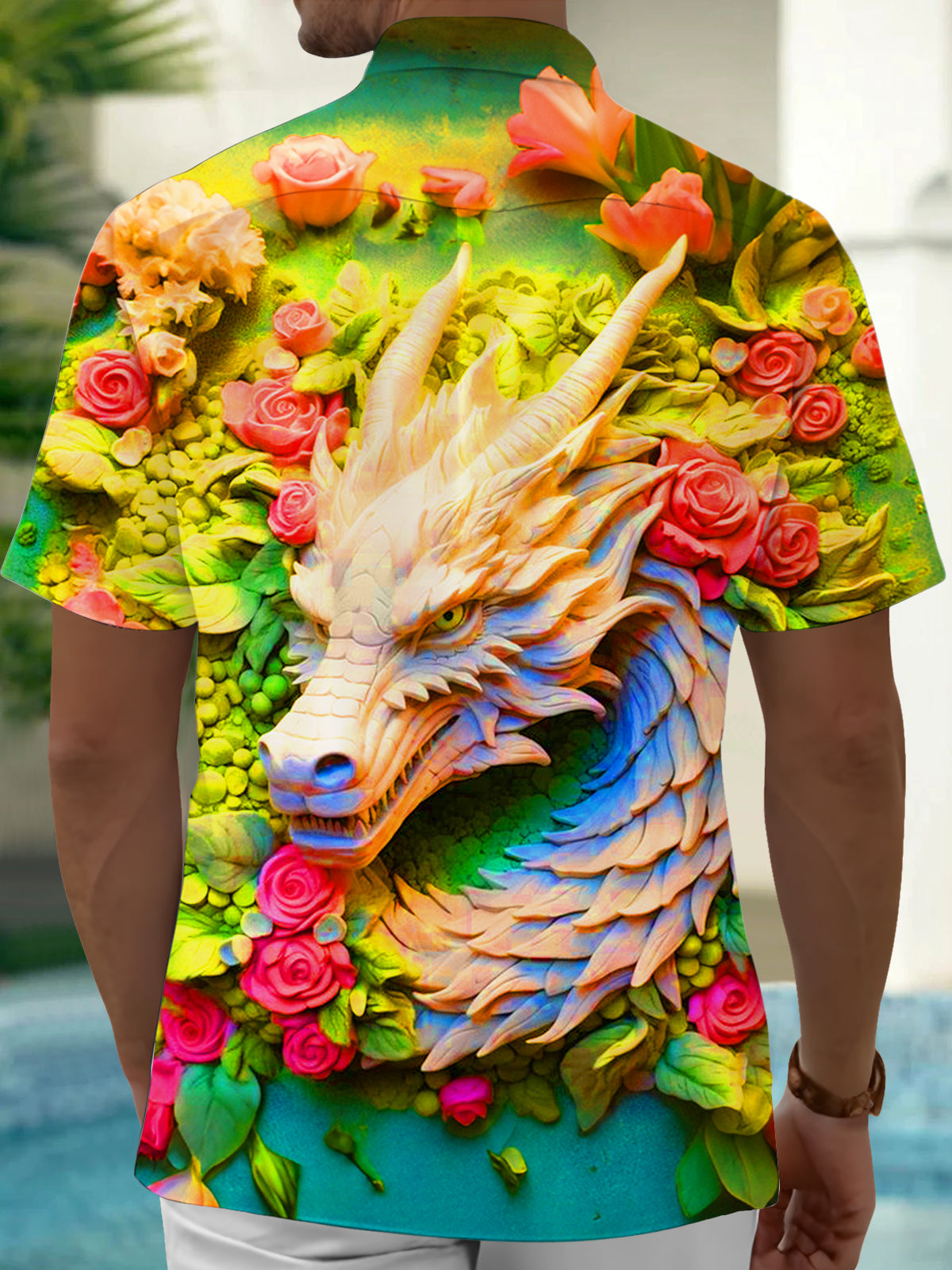 Adaychic Men's Graphic 3D Dragon Head Print Short Sleeve Shirt with Chest Pocket
