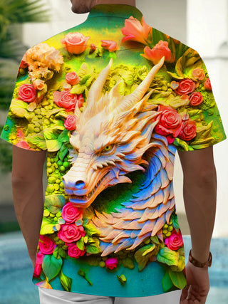 Adaychic Men's Graphic 3D Dragon Head Print Short Sleeve Shirt with Chest Pocket