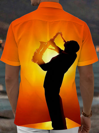 Adaychic Men's Hawaiian Acoustic Guitar Pattern Short Sleeve Shirt with Chest Pocket