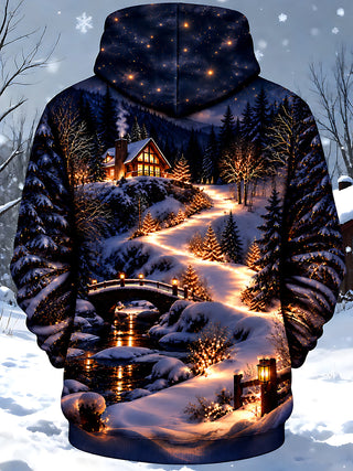 Adaychic Men's Graphic Winter Night Landscape Print Long Sleeve Hoodie