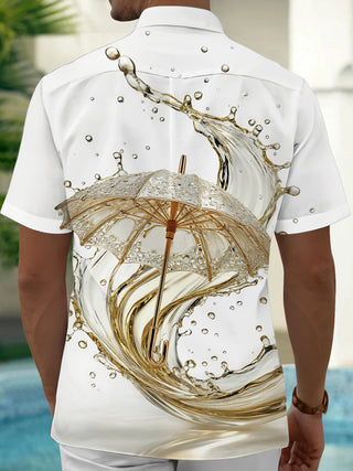 Adaychic Men's 3D Golden Umbrella Print Liquid Splash Print Short Sleeve Shirt with Chest Pocket