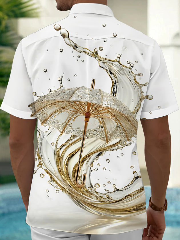 Adaychic Men's 3D Golden Umbrella Print Liquid Splash Print Short Sleeve Shirt with Chest Pocket