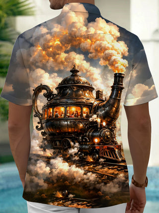 Adaychic Men's Vintage Style Steampunk Teapot Train Print Short Sleeve Shirt with Chest Pocket