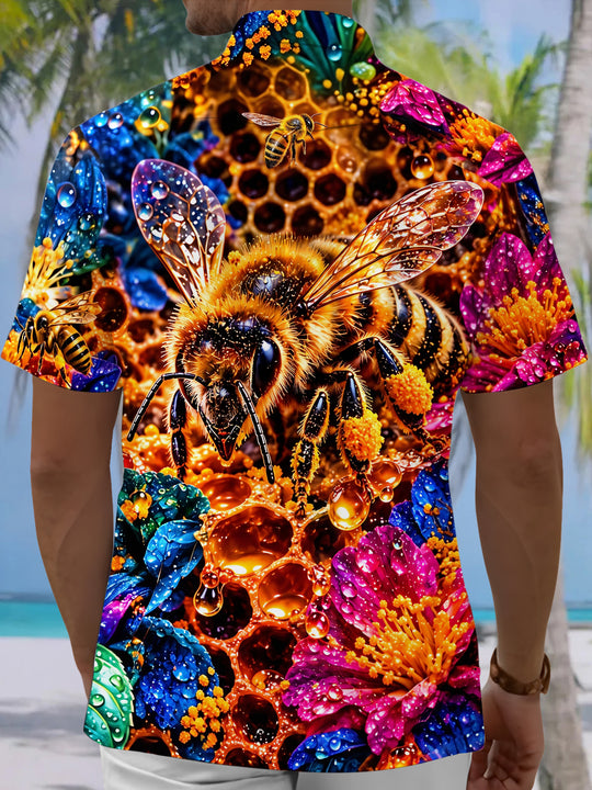 Adaychic Men's Hawaiian Bee And Honeycomb With Flowers Print Short Sleeve Shirt with Chest Pocket